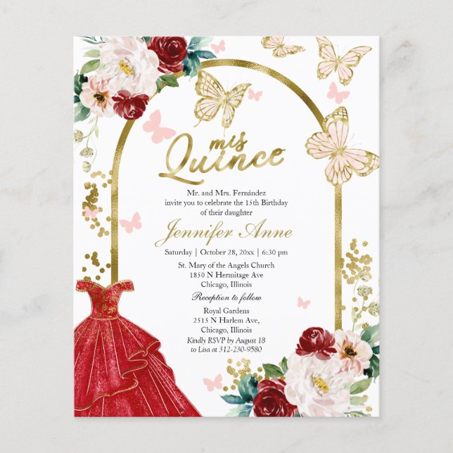 Butterfly Quince Bilingual Budget Einladungen (Vorderseite)