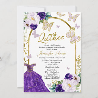 Butterfly Quince Bilingual Einladungen Lila Gown