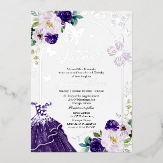 Butterfly Quince Dunkles Lila Kleid Silber Folieneinladung