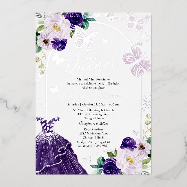 Butterfly Quince Dunkles Lila Kleid Silber Folieneinladung (Vorderseite)