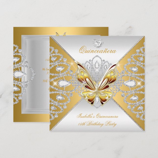 Butterfly Quinceanera 15. Party Gold Silver Tiara Einladung (Vorne/Hinten)