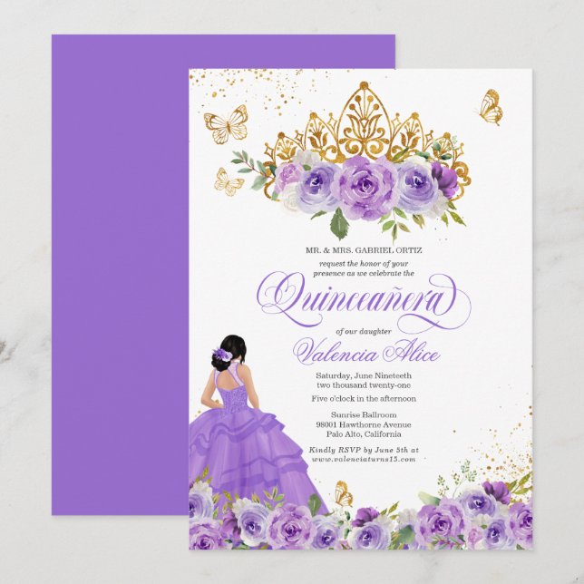 Butterfly Quinceañera + Lila Aquarellfarben-Blume Einladung (Vorne/Hinten)
