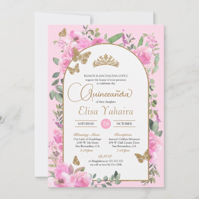 Butterfly Quinceanera Pink Wasserfarbe Einladung (Vorderseite)