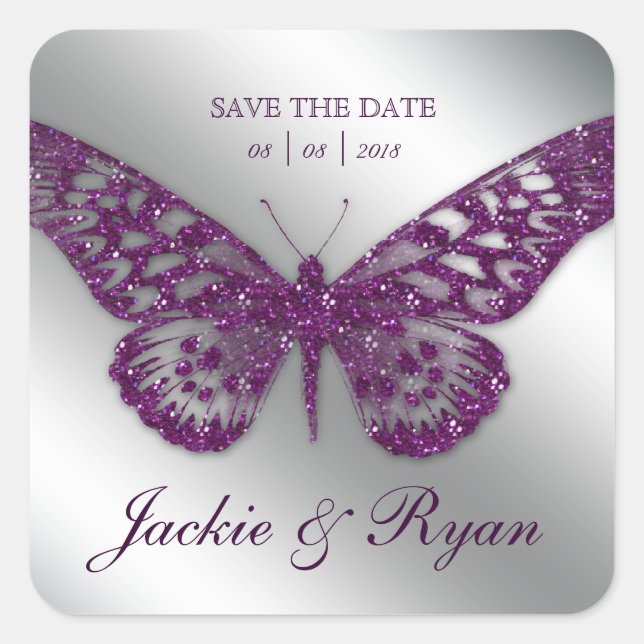 Butterfly Rett Date Wedding Stickers Lila Sparkl (Vorderseite)