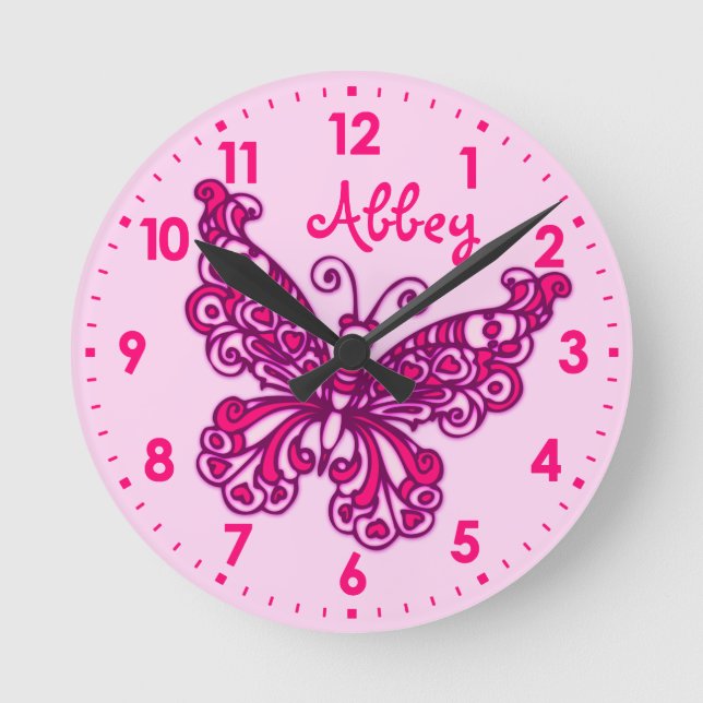 Butterfly Rosa Girlmädchen Zimmername Wand Runde Wanduhr (Vorderseite)
