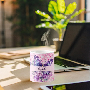 Butterfly Rosa violette Blumen Kaffeetasse