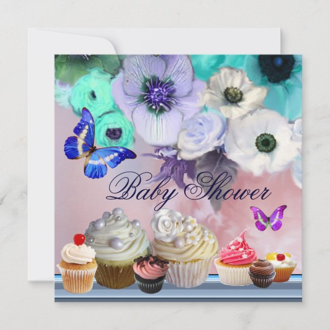 BUTTERFLY,ROSE,BLUME,KUPFKEN Blue Baby Dusche Einladung (Vorderseite)