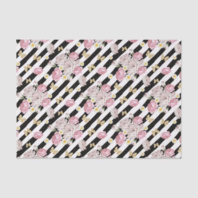 Butterfly-Rose Daisy Floral Schwarz-weißer Streife Seidenpapier (Vorderseite)