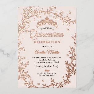 Butterfly Rose Gold Leaf Wreath Quinceanera Folieneinladung