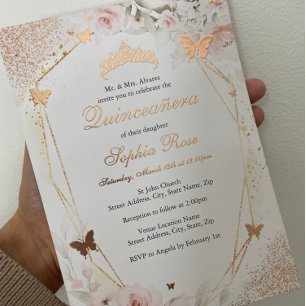 Butterfly Rose Gold Pink Blush Bloral Quinceanera Folieneinladung