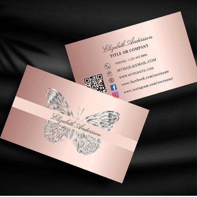Butterfly Rose Gold QR Code Social Media Visitenkarte (Von Creator hochgeladen)
