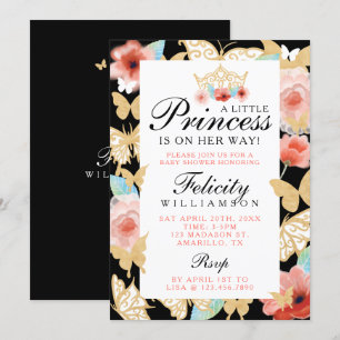 Butterfly Royal Floral Crown Black Gold Einladung