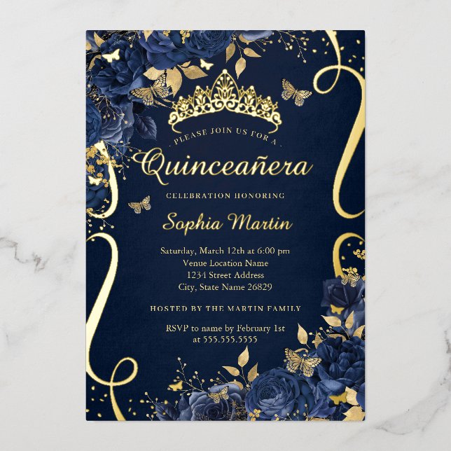 Butterfly Royal Navy Blumen Gold Quinceanera Folieneinladung (Vorderseite)