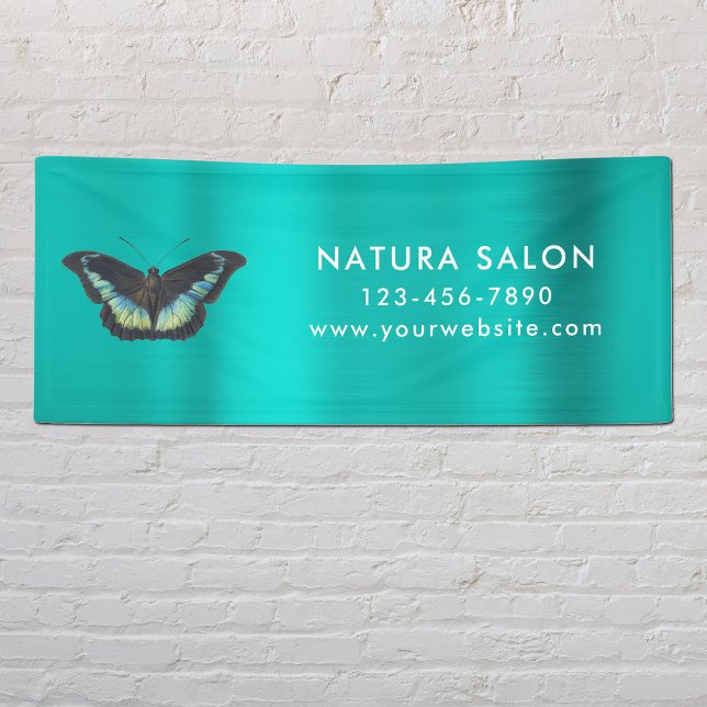 Butterfly Salon Business Promotional Metallic Aqua Banner (Von Creator hochgeladen)