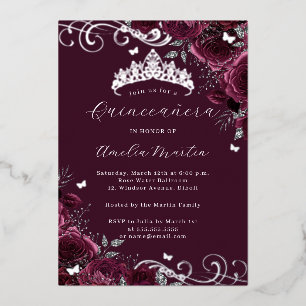 Butterfly Silver Burgundy Floral Quinceanera Folieneinladung