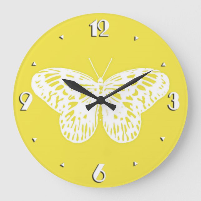 Butterfly sketch, mustard gold and white große wanduhr (Vorderseite)