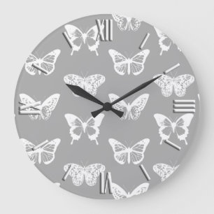 Butterfly sketch, silver grey and white große wanduhr