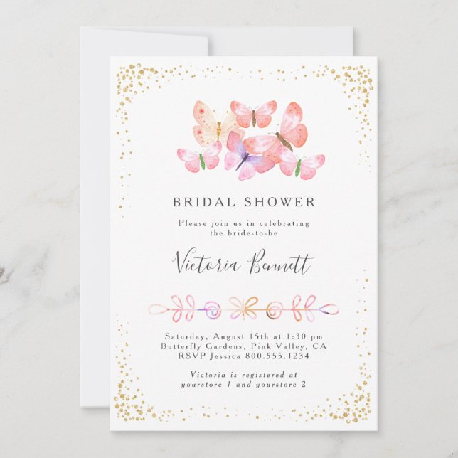 Butterfly Skies Coral Gold Confetti Brautparty Einladung (Vorderseite)