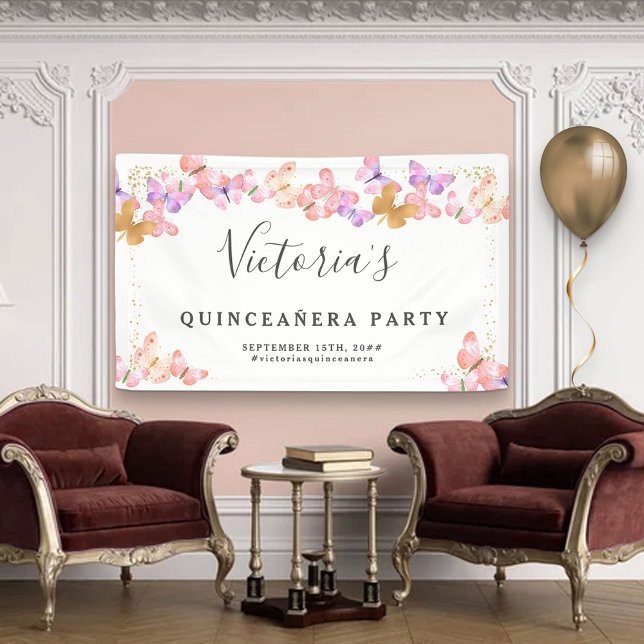 Butterfly Skies Coral Pink Gold Schmetterlinge Par Banner (Von Creator hochgeladen)