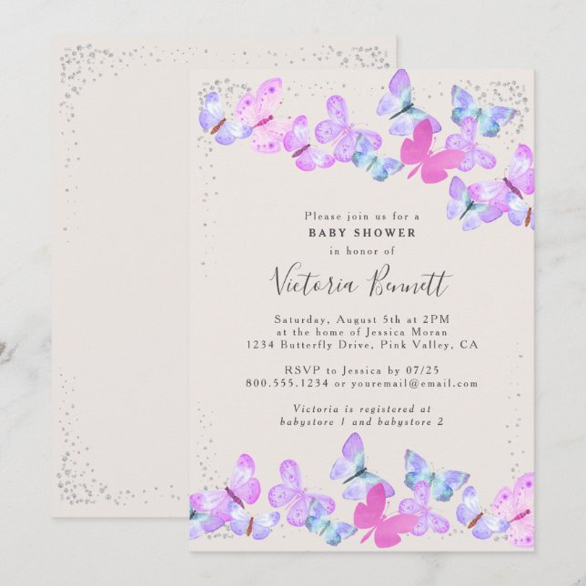 Butterfly Skies Pink Silver Confetti Babydusche Einladung (Vorne/Hinten)