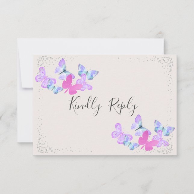 Butterfly Skies Pink Silver Confetti RSVP Karte (Vorderseite)