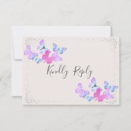 Butterfly Skies Pink Silver Confetti RSVP Karte