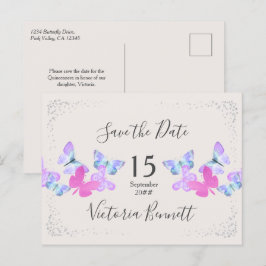 Butterfly Skies Pink Silver Confetti Save the Date Ankündigungspostkarte
