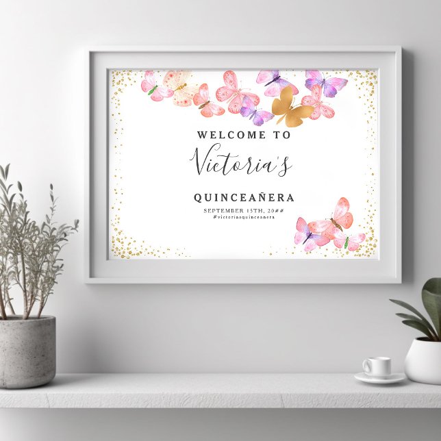 Butterfly Skies Willkommenspender Gold Confetti Poster (Welcome Poster from my Butterfly Skies Quinceanera collections - order printed or digital)