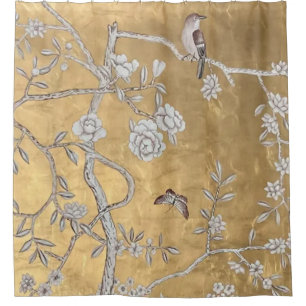 Butterfly & Sparrow Golden Oriental Garden Scene Duschvorhang