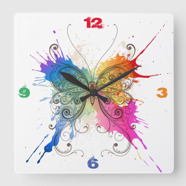 Butterfly Splash Quadratische Wanduhr (Vorderseite)