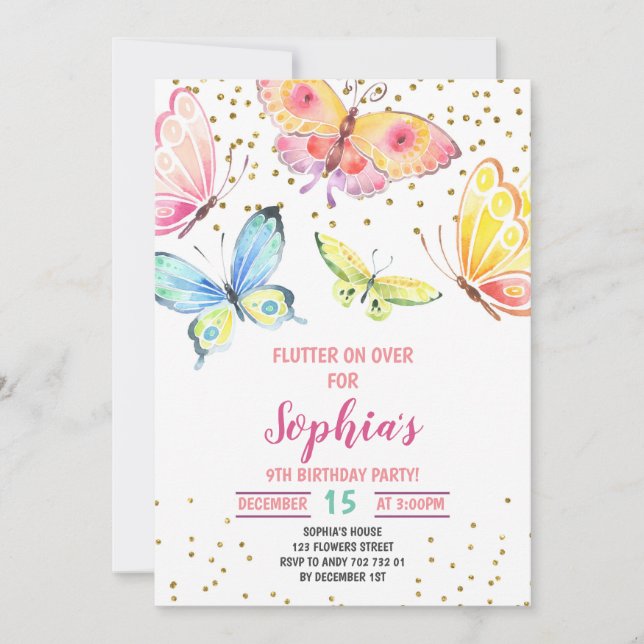 Butterfly Spring Summer Girl zum Geburtstag Einlad Einladung (Vorderseite)