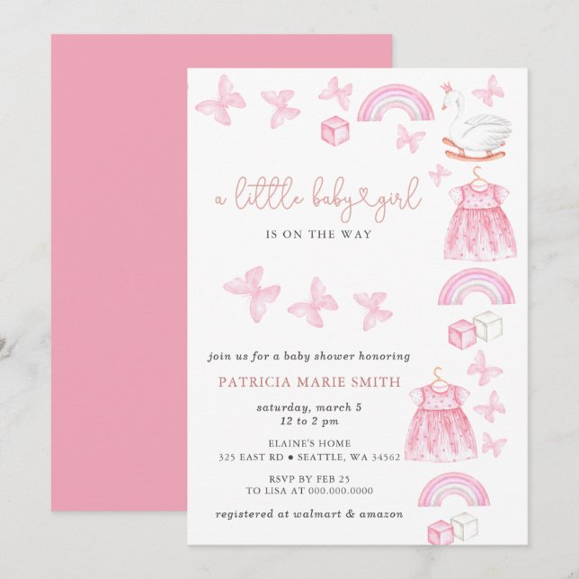 Butterfly Swan Princess Pink Girl Baby Shower Einladung (Vorne/Hinten)