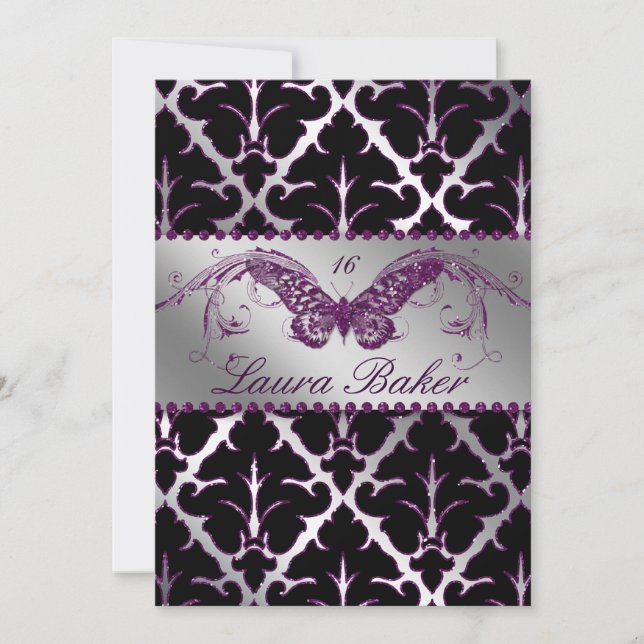 Butterfly Sweet 16 Einladen Damask Lila Sparkle Einladung (Vorderseite)