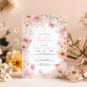 Butterfly Taufe Floral Pink Peach Girl Einladung