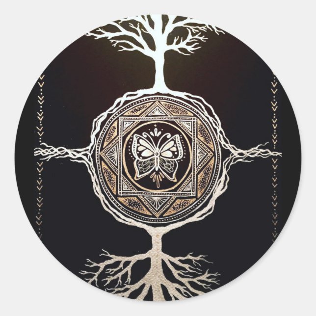 Butterfly Tree Mandala Runder Aufkleber (Vorderseite)