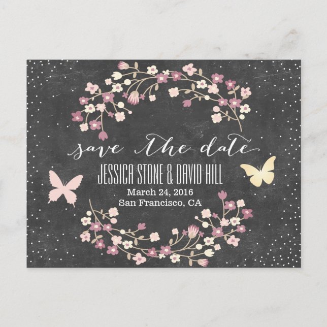 Butterfly und Blume Save the Date Ankündigungspostkarte (Vorderseite)