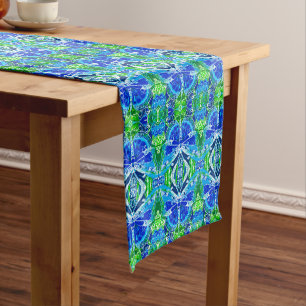 Butterfly und Medallion Batik Muster in Blau Kurzer Tischläufer