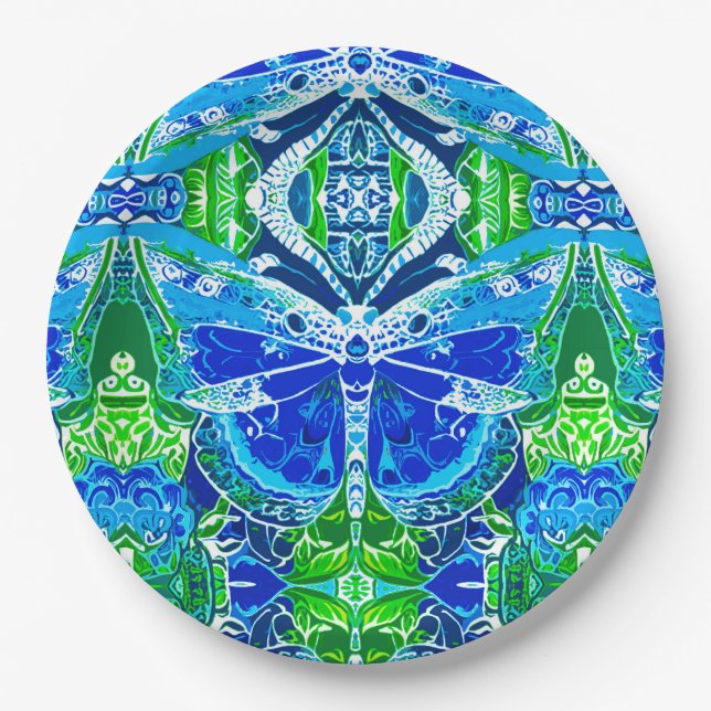 Butterfly und Medallion Batik Muster in Blau Pappteller (Vorderseite)