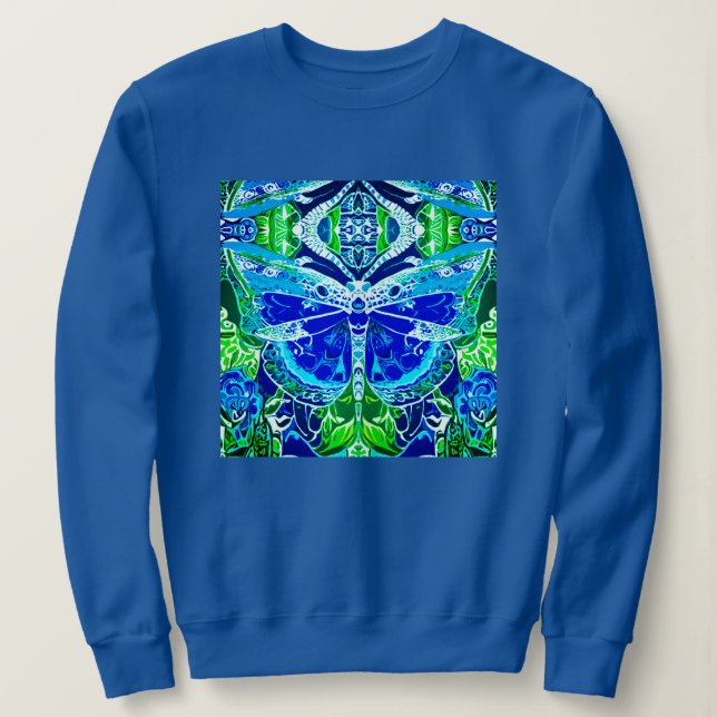 Butterfly und Medallion Batik Muster in Blau Sweatshirt (Design vorne)