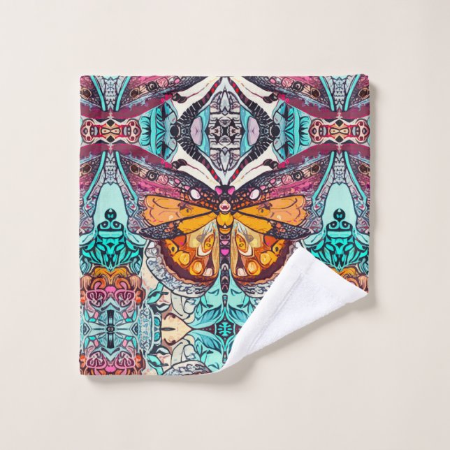 Butterfly und Medallion Batik Muster in Orange Badhandtuch Set (Waschlappen)