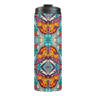 Butterfly und Medallion Batik Muster in Orange Thermosbecher