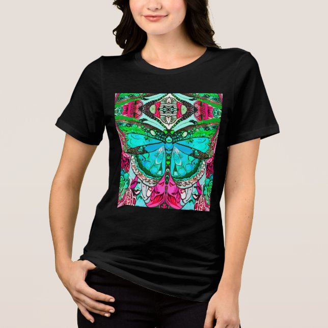 Butterfly und Medallion Batik Muster in Türkis Tri-Blend Shirt (Vorderseite)