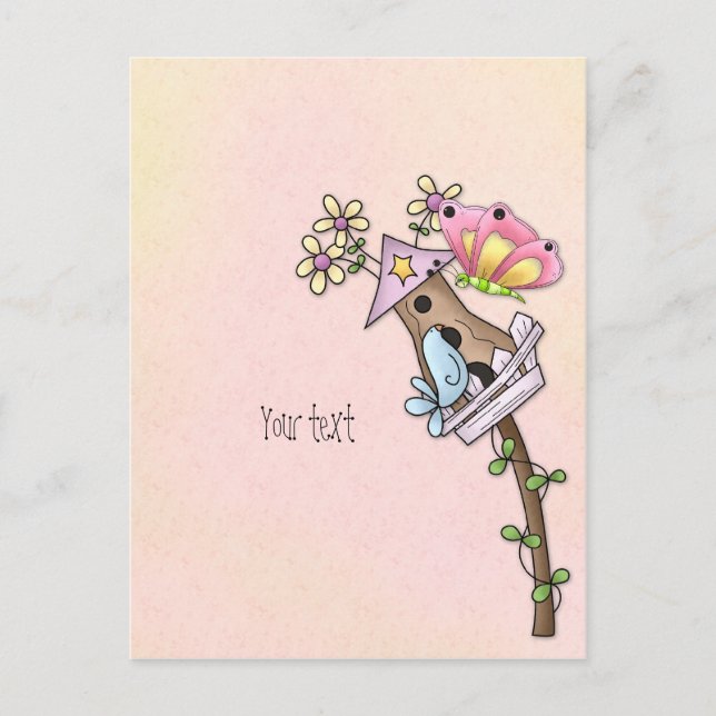 Butterfly und Vogel treffen sich im Vogelhaus Postkarte (Vorderseite)