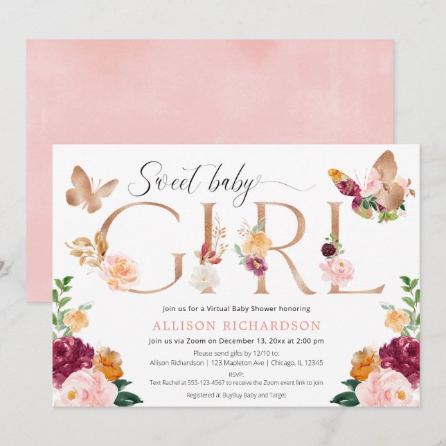 Butterfly Virtual Baby Dusche rosa bordeauxfarbene Einladung (Vorne/Hinten)