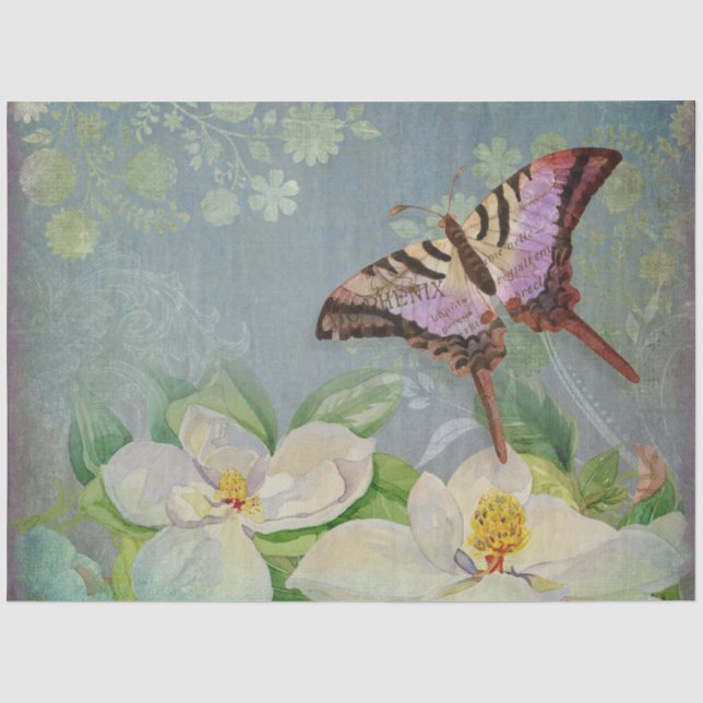 Butterfly w Magnolia Wasserfarbe Blumendekoupage Seidenpapier (Vorderseite)
