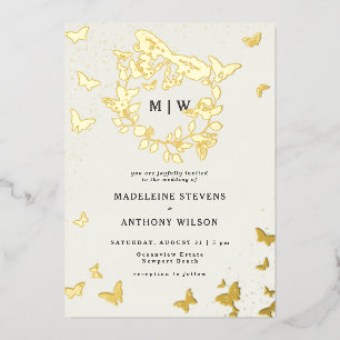 Butterfly Wappen Ivory Gold Monogramme Hochzeit Folieneinladung