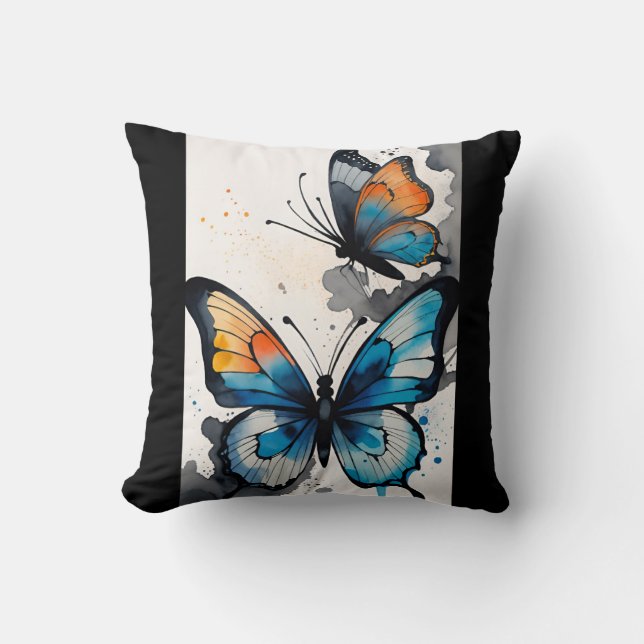 Butterfly Wasserfarbe Blau/Schwarz/Orange/aquamari Kissen (Vorderseite)