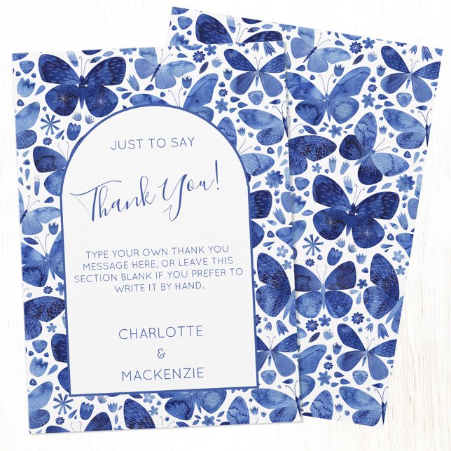Butterfly Wasserfarben Muster Blau und Weiß Dankeskarte (Blue and white butterfly watercolor pattern personalized custom text thank you card)
