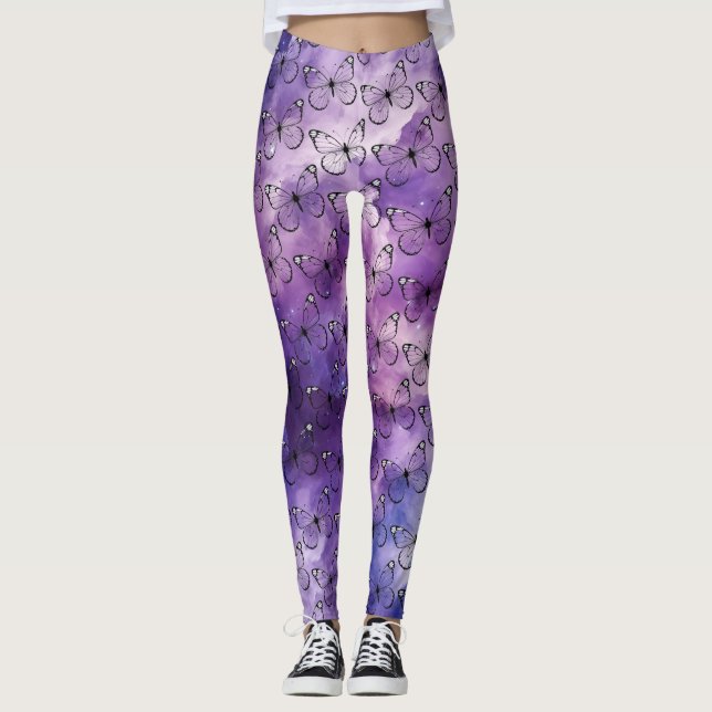 Butterfly Wasserfarbmuster Lila Leggings (Vorderseite)