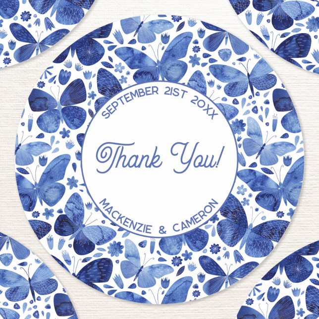 Butterfly Watercolor Blue Danke Personalisiert Runder Aufkleber (Blue watercolor butterfly pattern personalized custom text wedding names date thank you stickers)